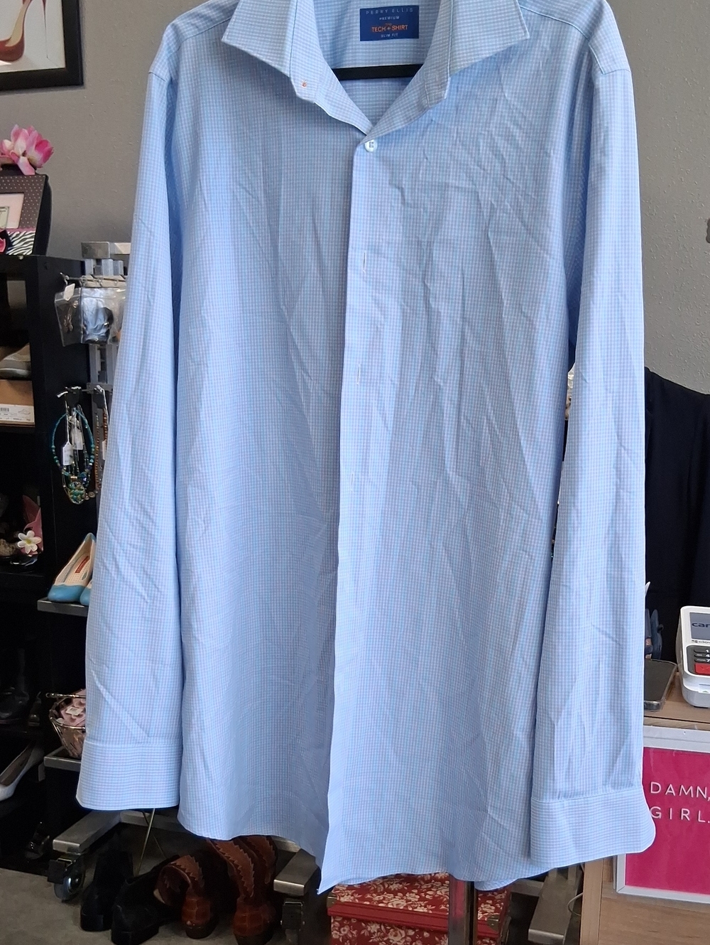 Perry Ellis Light Blue Micro-Check Dress Shirt
